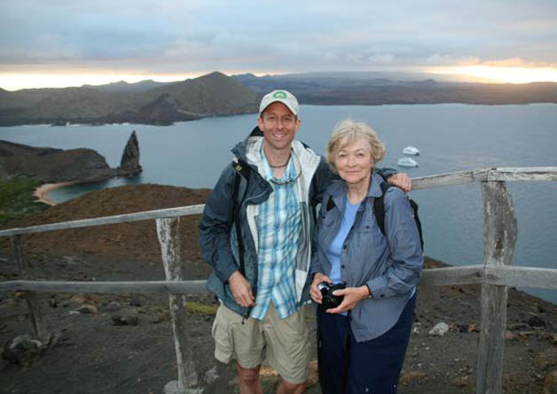 My Mom and me in the Galapagos Islands with the classic shot of Pinnacle Rock in the background (what you can’t see – the 370 steps we just climbed to get there).
